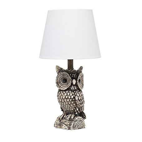 Simple Designs Woodland Contemporary Polyresin Gazing Night Owl Novelty Bedside Table Desk Lamp with Tapered Drum Fabric Shade