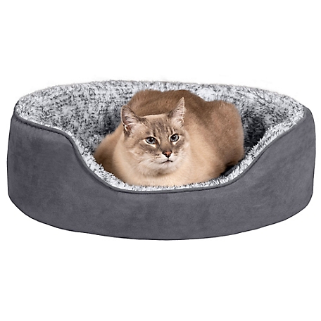 FurHaven Two-Tone Fur & Suede Oval Dog Bed- Gray