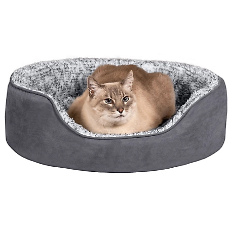 FurHaven Two-Tone Fur & Suede Oval Dog Bed- Gray
