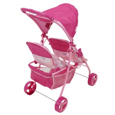 Image showing  Doll Twin Stroller - Pink & White Dots - Fits Dolls Up to 24 in., Retractable Canopy, T744037