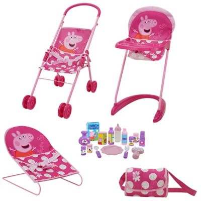 peppa pig 19 pc. doll sleep n' play set - pink & white dots - travel, feed, sleep, t820037