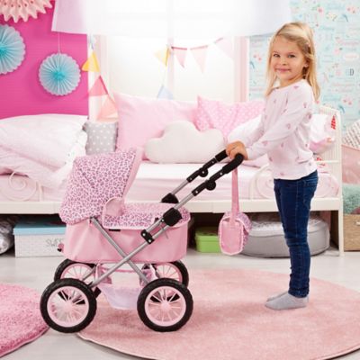 Image showing  Dolls: Trendy Pram - Pink & Animal Print- Includes Shoulder Bag, 13002AA