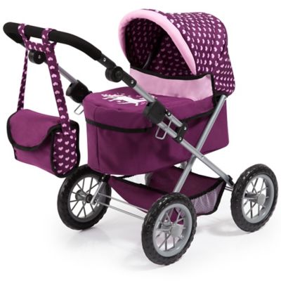 Bayer Design Dolls: Trendy Pram - Burgundy, Pink, Hearts - Includes Shoulder Bag, 13037AA