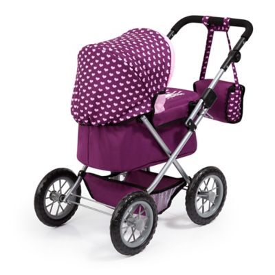 Image showing  Dolls: Trendy Pram - Burgundy, Pink, Hearts - Includes Shoulder Bag, 13037AA