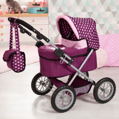 Image showing  Dolls: Trendy Pram - Burgundy, Pink, Hearts - Includes Shoulder Bag, 13037AA