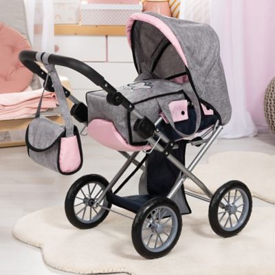 Image showing 5 th Bayer Design Dolls: Pram City Star - Grey, Pink, Butterfly - Includes Matching Handbag, 13627AA