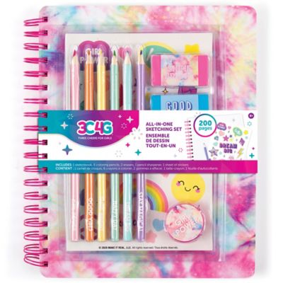 3C4G Three Cheers For Girls All-in-One Sketching Set - Pastel Tie Dye - Make It Real, Tweens & Girls, 200 Page Book, 37118