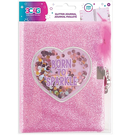 3C4G Three Cheers For Girls Born to Sparkle Glitter Locking Journal - Pink with Matching Pom Pen, Tweens & Girls, 36037