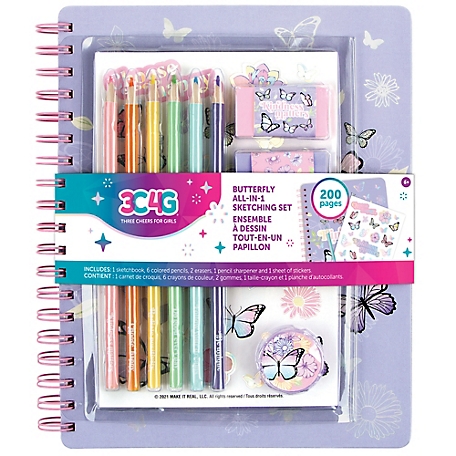 3C4G Three Cheers For Girls Butterfly All-in-1 Sketching Set - Make It Real, Tweens & Girls, Journal & Art 200 Page Book