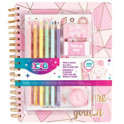 3C4G Three Cheers For Girls Pink & Gold All-in-1 Sketching Set, Tweens & Girls, Journal & Art 200 Page Book, 12029