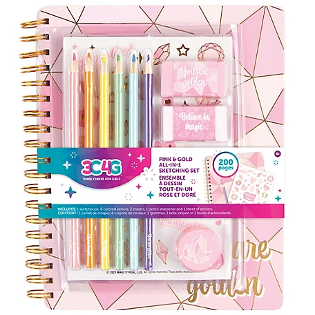 3C4G Three Cheers For Girls Pink & Gold All-in-1 Sketching Set, Tweens & Girls, Journal & Art 200 Page Book, 12029
