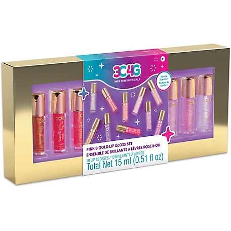 3C4G Three Cheers For Girls Pink & Gold: Mini Wand Lip Gloss Set - 10 pk., Shimming Vanilla Scented Gloss, Teens Tweens & Girls