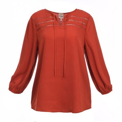 Como Vintage Women's Crepe Crosshatch 3/4-Sleeve Peasant Top with Crochet