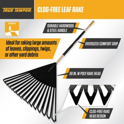 Image showing 9 th True Temper 30 in. Plastic Clog-Free Tine Leaf Rake with 48 in. Hardwood/Steel Handle, For Leaves, Grass, Twigs and More