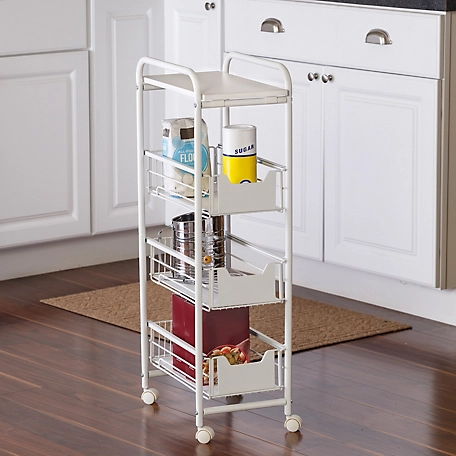 Honey-Can-Do 4-Tier Slim Rolling Cart with Drawers, White, CRT-09579