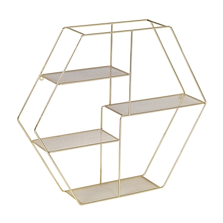 Honey-Can-Do Four-Tier Hexagonal Decorative Metal Wall Shelf, Gold, SHF-09352