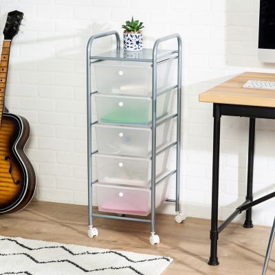 Honey-Can-Do 5-Drawer Rolling Storage Cart with Plastic Drawers, Silver