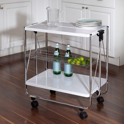 Honey-Can-Do Modern Foldable Kitchen Cart with Wheels and Metal Basket, White/Chrome