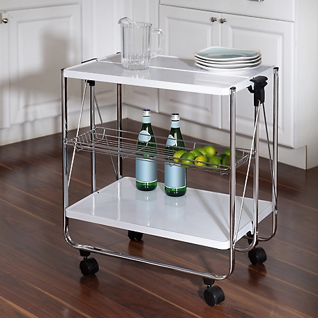 Honey-Can-Do Modern Foldable Kitchen Cart with Wheels and Metal Basket, White/Chrome
