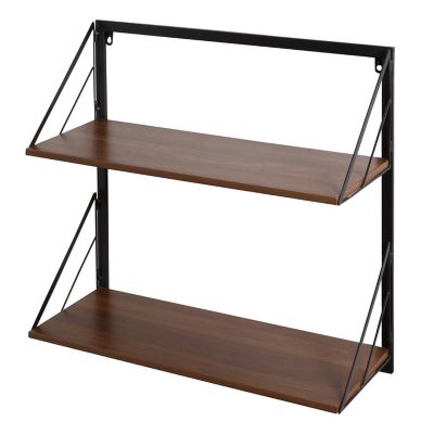Honey-Can-Do Multi-Purpose Two Tier Floating Wall Shelf with Wood Shelves and Metal Bracket, Walnut