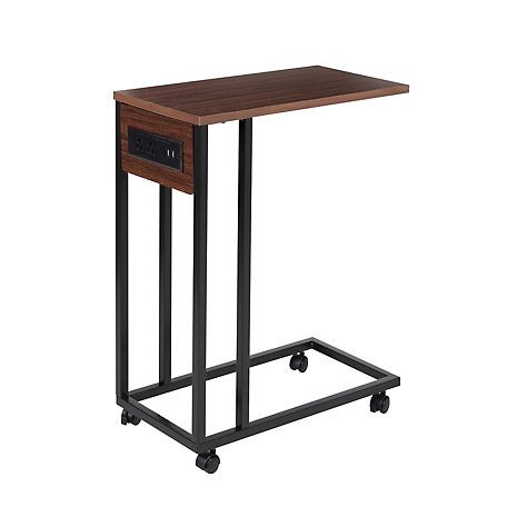 Honey-Can-Do C-Shaped Side Table with Outlets and Wheels, Walnut/Black