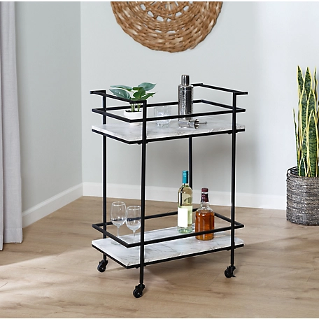 Honey-Can-Do 2-Tier Rolling Bar & Serving Cart, Black & White Faux Marble