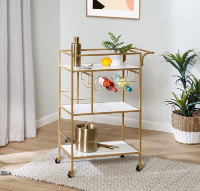 Honey-Can-Do 3-Tier Rolling Bar & Serving Cart with Handles, Gold & White
