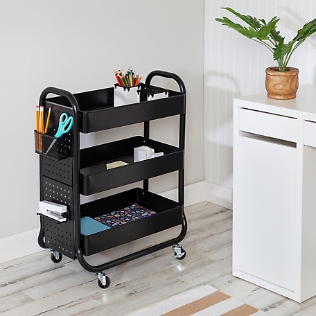 Honey-Can-Do Black Rolling Craft Cart with Wheels, Pegboard, Shelf, and Metal Basket