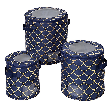 Honey-Can-Do Navy/Gold Scallop Set of 3 Round Dinnerware Storage Box