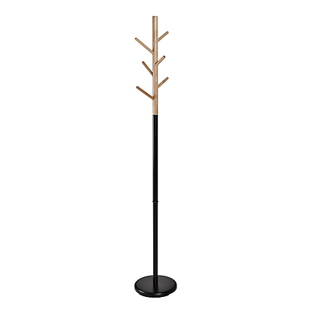 Honey-Can-Do Modern Freestanding Coat Tree Stand with Round Base, Black/Natural Wood