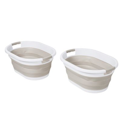 Honey-Can-Do Set of 2 Collapsible Rubber Laundry Baskets with Handles, Warm Grey & White, HMP-09824