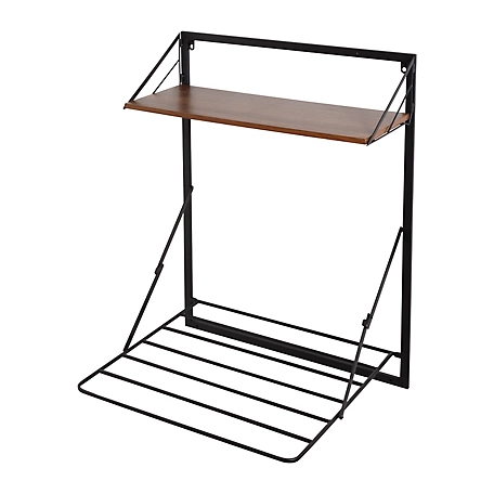 Honey-Can-Do Collapsible Wall-Mounted Clothes Drying Rack with Shelf, Black/Walnut, DRY-09779