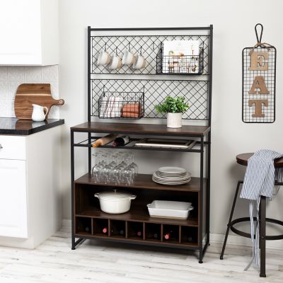 Honey-Can-Do Multi-Purpose Kitchen Bakers Rack with Wine Storage, Black/Walnut