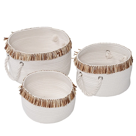 Honey-Can-Do Set of 3 Nesting Cotton Rope Baskets with Fringe, White