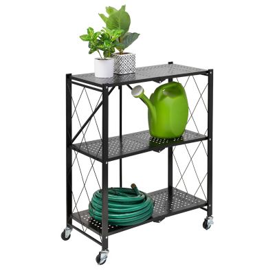 Honey-Can-Do Collapsible 3-Tier Metal Shelf on Wheels, Black