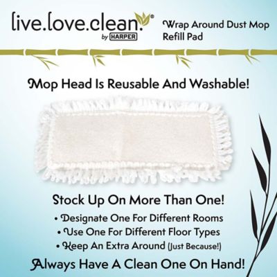 Image showing 8 th Harper Live.Love.Clean. 12.8 in. W Bamboo Handle Microfiber Flat Mop with a Wraparound Refill Pad for Fine Dirt and Pet Hair