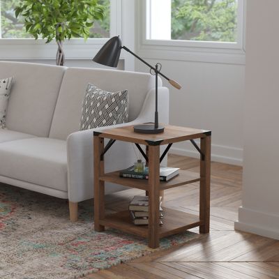 Flash Furniture Wyatt Modern Farmhouse Wooden 3-Tier End Table with Metal Corner Accents and Cross Bracing