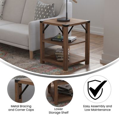 Image showing  Wyatt Modern Farmhouse Wooden 3-Tier End Table with Metal Corner Accents and Cross Bracing