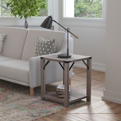 Flash Furniture Wyatt Modern Farmhouse Wooden 2-Tier End Table with Metal Corner Accents and Cross Bracing