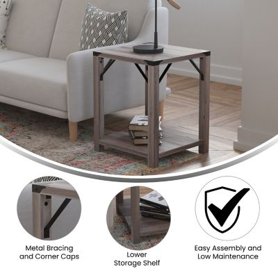 Image showing  Wyatt Modern Farmhouse Wooden 2-Tier End Table with Metal Corner Accents and Cross Bracing
