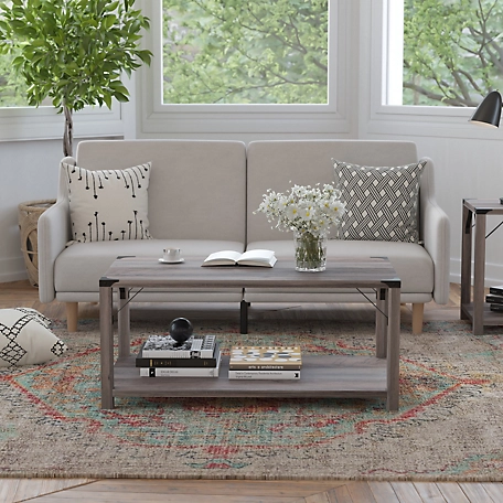 Flash Furniture Wyatt Modern Farmhouse Wooden 2-Tier Coffee Table with Metal Corner Accents and Cross Bracing