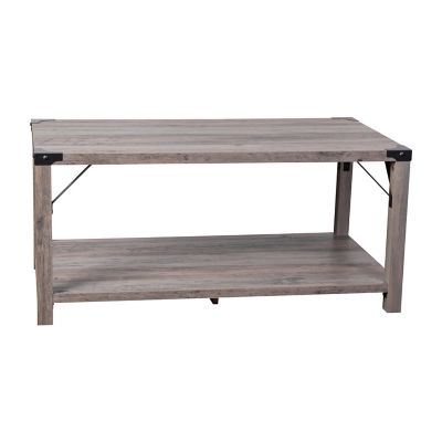 Image showing  Wyatt Modern Farmhouse Wooden 2-Tier Coffee Table with Metal Corner Accents and Cross Bracing
