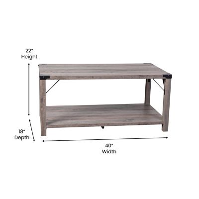 Image showing  Wyatt Modern Farmhouse Wooden 2-Tier Coffee Table with Metal Corner Accents and Cross Bracing