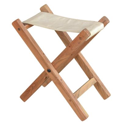 AmeriHome Acacia Wood and Canvas Safari Style Folding Stool and ft. Rest