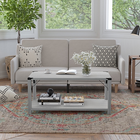 Flash Furniture Wyatt Modern Farmhouse Wooden 2-Tier Coffee Table with Metal Corner Accents and Cross Bracing