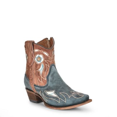 Circle G Women's Inlay/Embroidery Cowhide Western Ankle Boot Snip Toe, Pale Blue/Brown, L5940