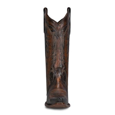 Image showing  Embroidery Cowhide Western Boot Snip Toe, Distressed Dark Brown, L