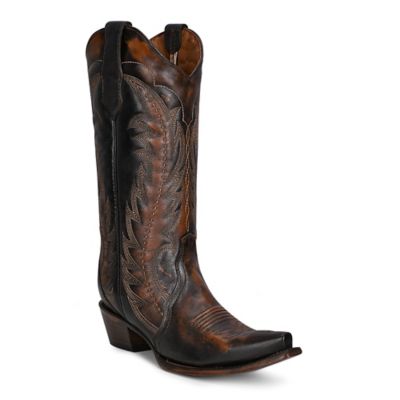 Circle G Embroidery Cowhide Western Boot Snip Toe, Distressed Dark Brown, L