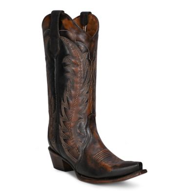 Image showing  Embroidery Cowhide Western Boot Snip Toe, Distressed Dark Brown, L