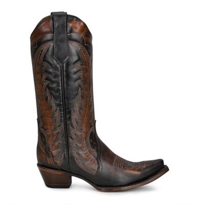 Image showing  Embroidery Cowhide Western Boot Snip Toe, Distressed Dark Brown, L